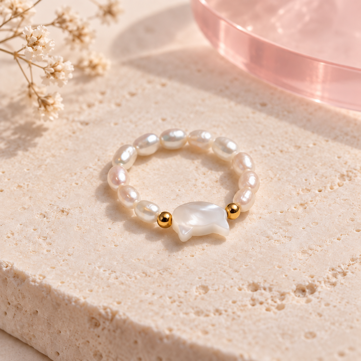 Luna Pearl Cat Ring by Bloomy on warm ivory stone