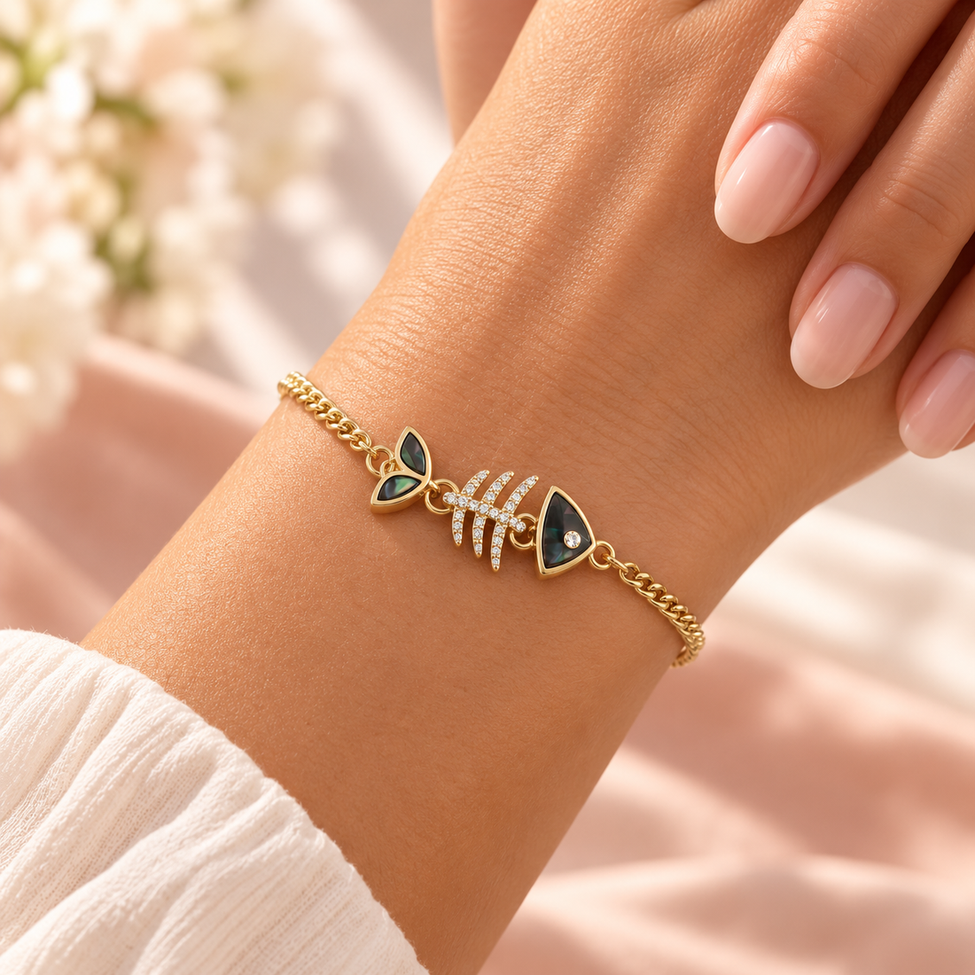 Close-up of Midnight Marina Fishbone Bracelet on a clean wrist