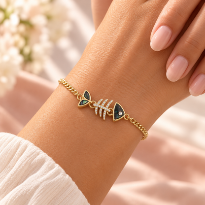 Close-up of Midnight Marina Fishbone Bracelet on a clean wrist
