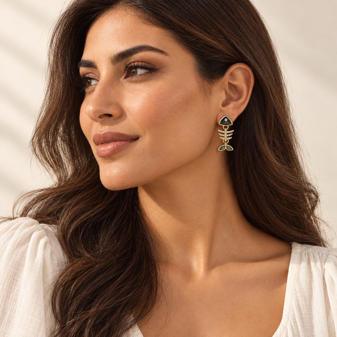 Bloomy model wearing the Midnight Marina fishbone earrings