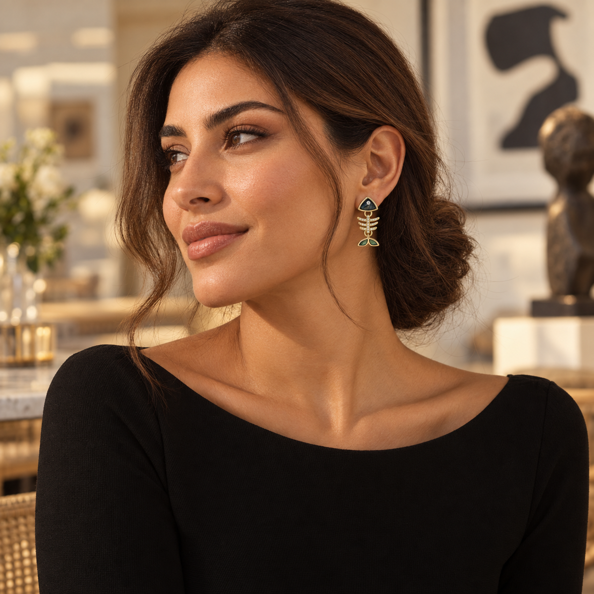 Bloomy model wearing the Midnight Marina fishbone earrings in a second look