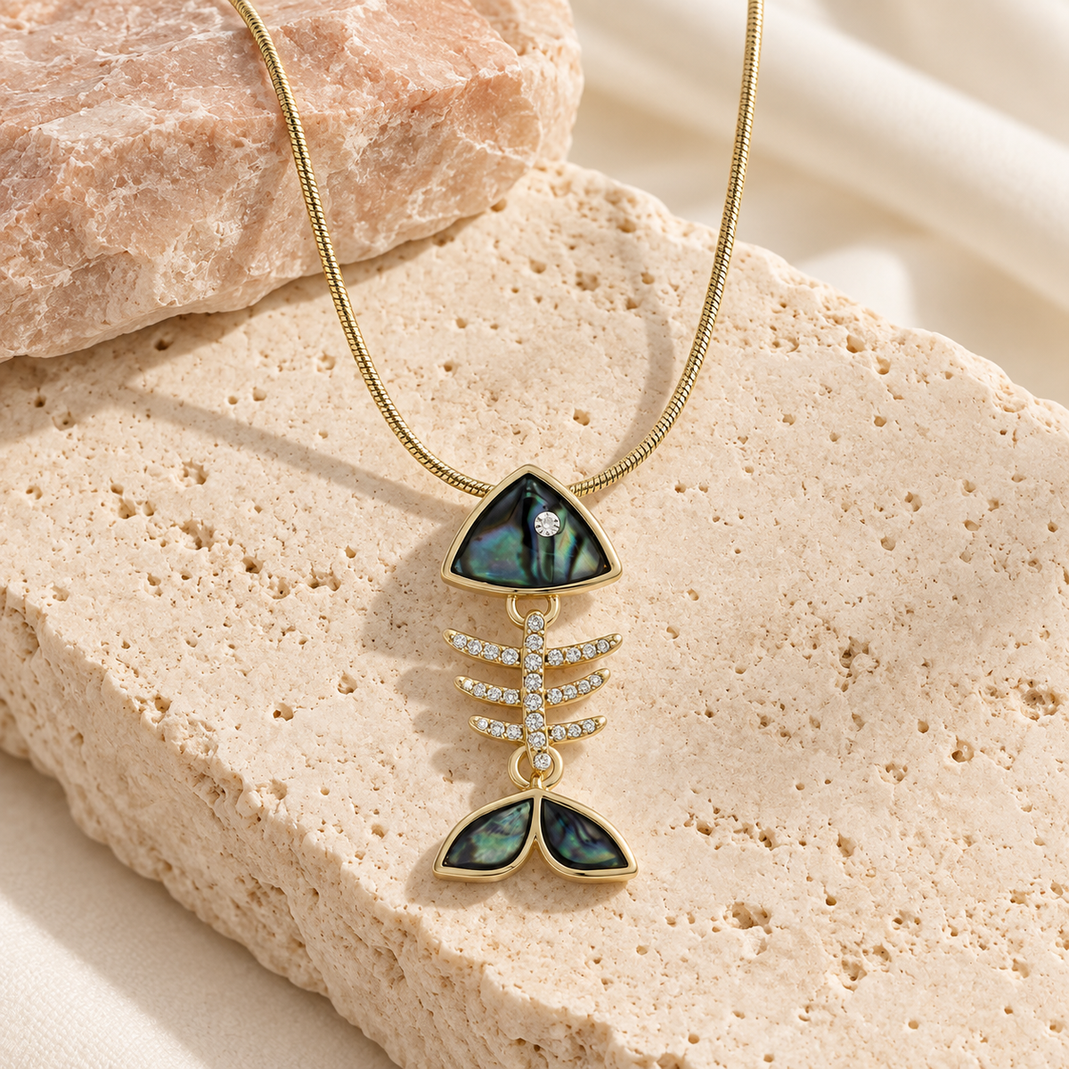 Midnight Marina Fishbone Necklace in gold with dark mother-of-pearl details
