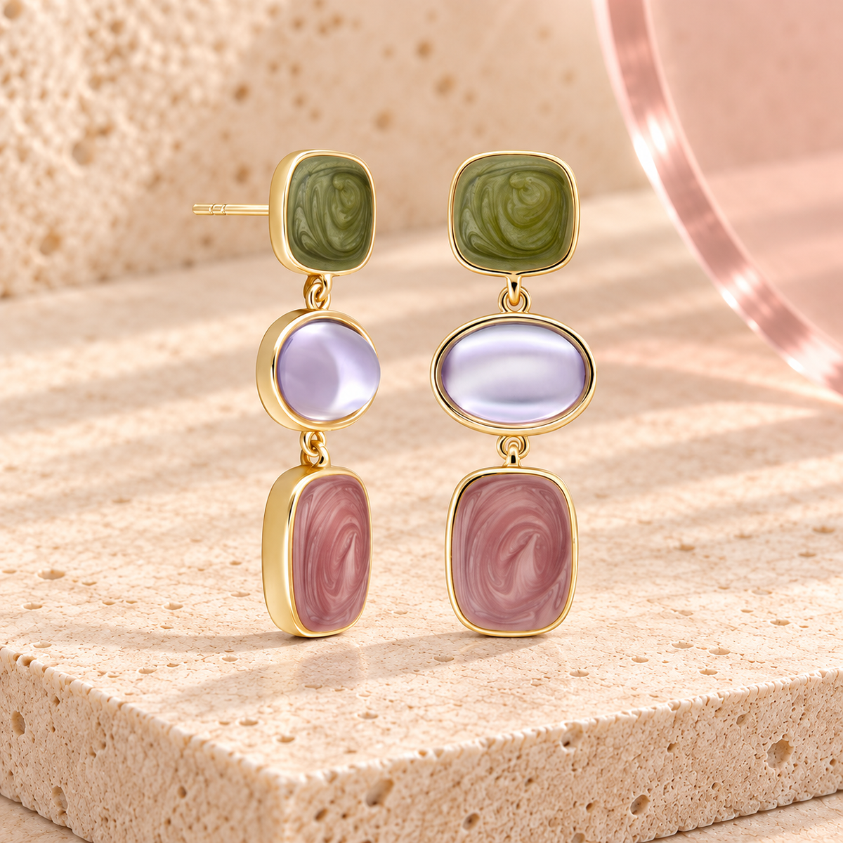 Mosaic Bloom gold drop earrings in olive green lavender and dusty rose