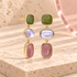 Mosaic Bloom gold drop earrings in olive green lavender and dusty rose