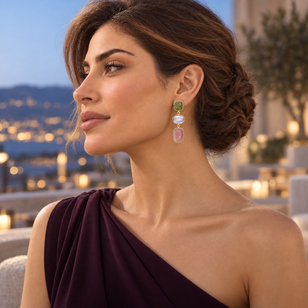 Side profile of Bloomy model wearing Mosaic Bloom gold earrings