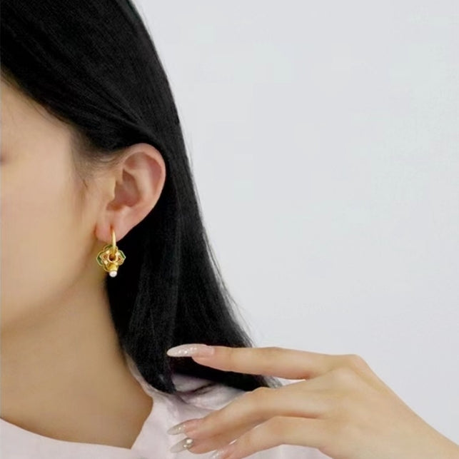 Green & Pink Earrings with Pearl attached