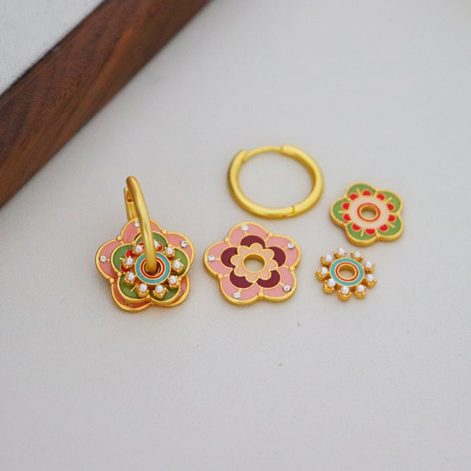 Baby Pink & Green Flowers Earrings with small Pearls