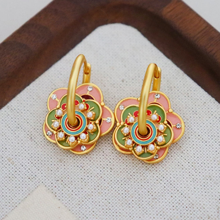 Baby Pink & Green Flowers Earrings with small Pearls