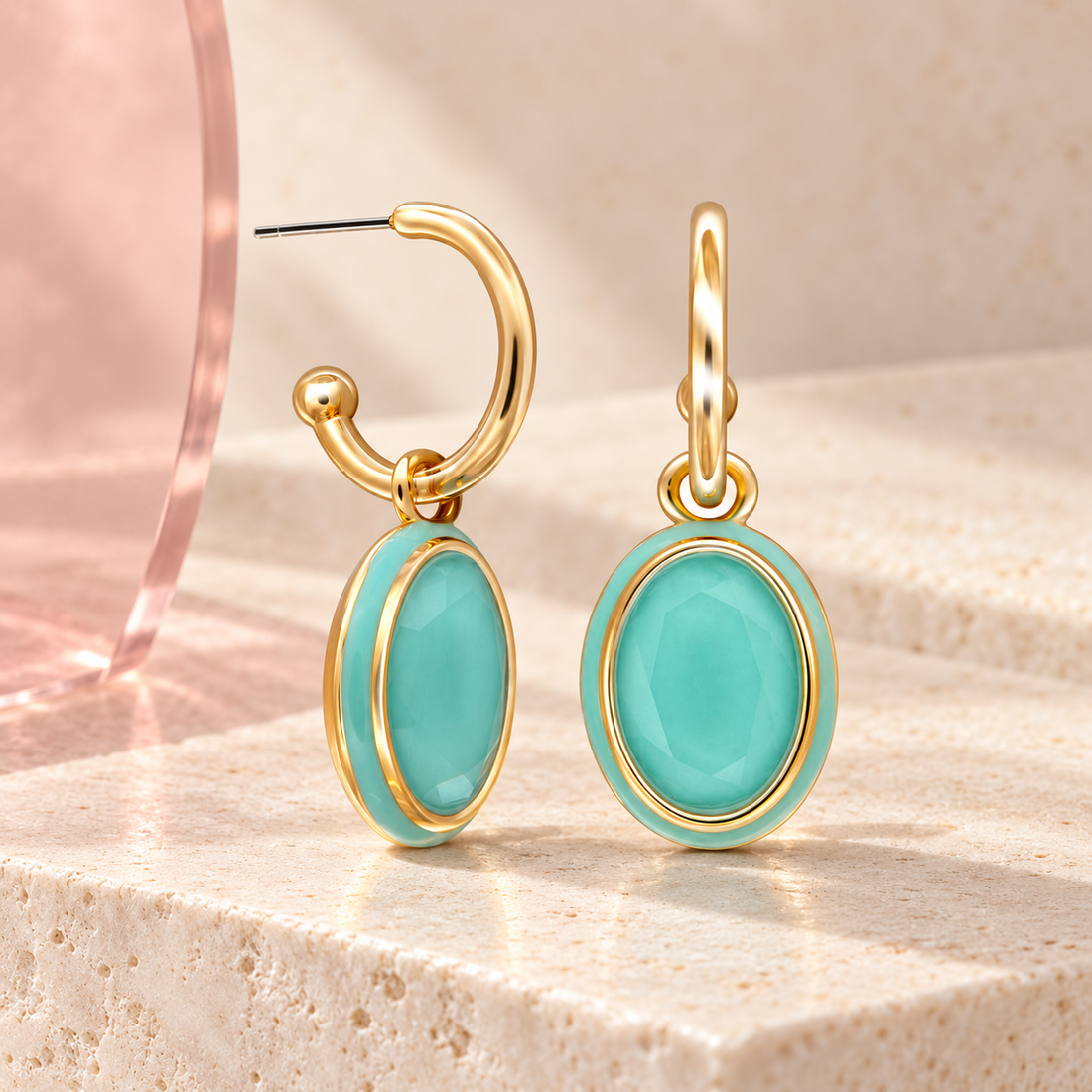 Oval Amazonite Gold Earrings on Bloomy ivory stone and blush acrylic