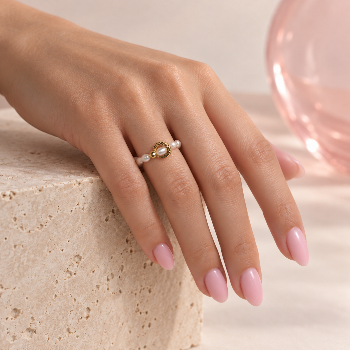 Golden Pearl Halo pearl charm ring worn on the ring finger