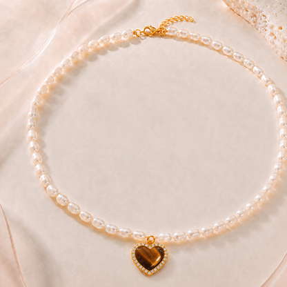 Pearl &amp; Gemstone Statement Necklace — Brown Heart
