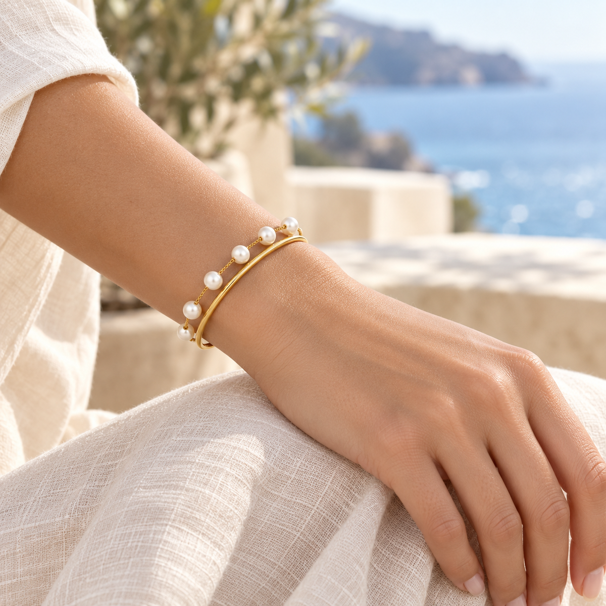 Pearl Orbit Cuff Bracelet in a coastal lifestyle setting