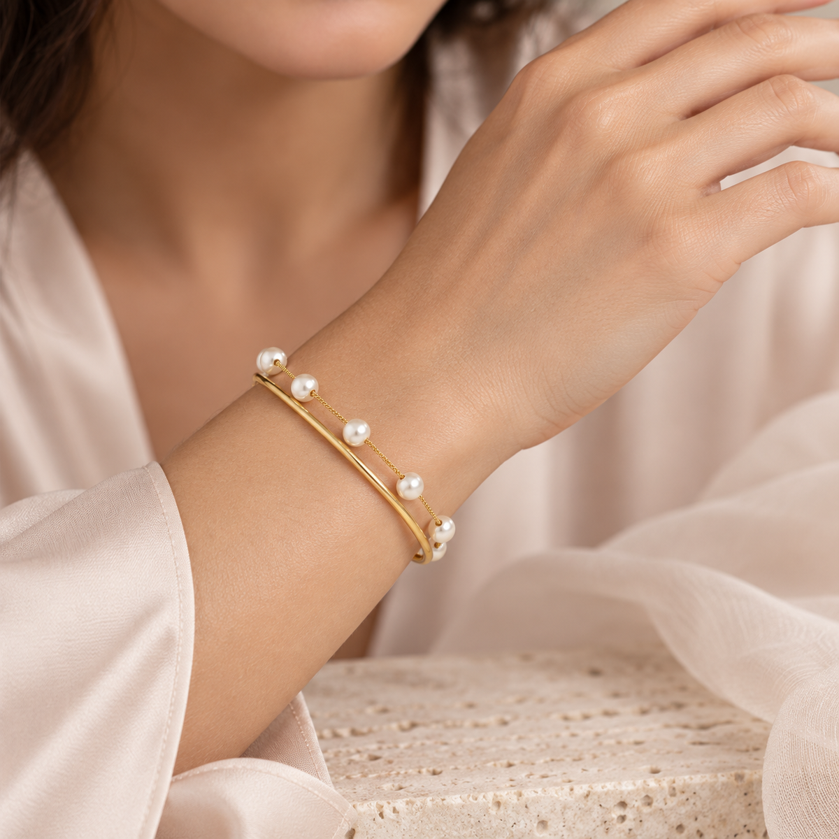 Bloomy model wearing Pearl Orbit Cuff Bracelet