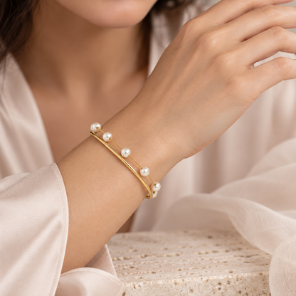 Bloomy model wearing Pearl Orbit Cuff Bracelet
