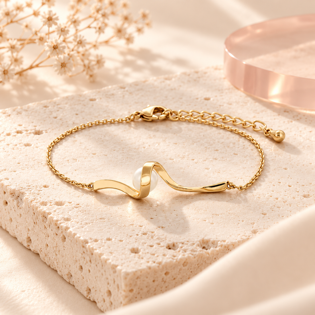 Pearl Wave Bracelet on cream travertine