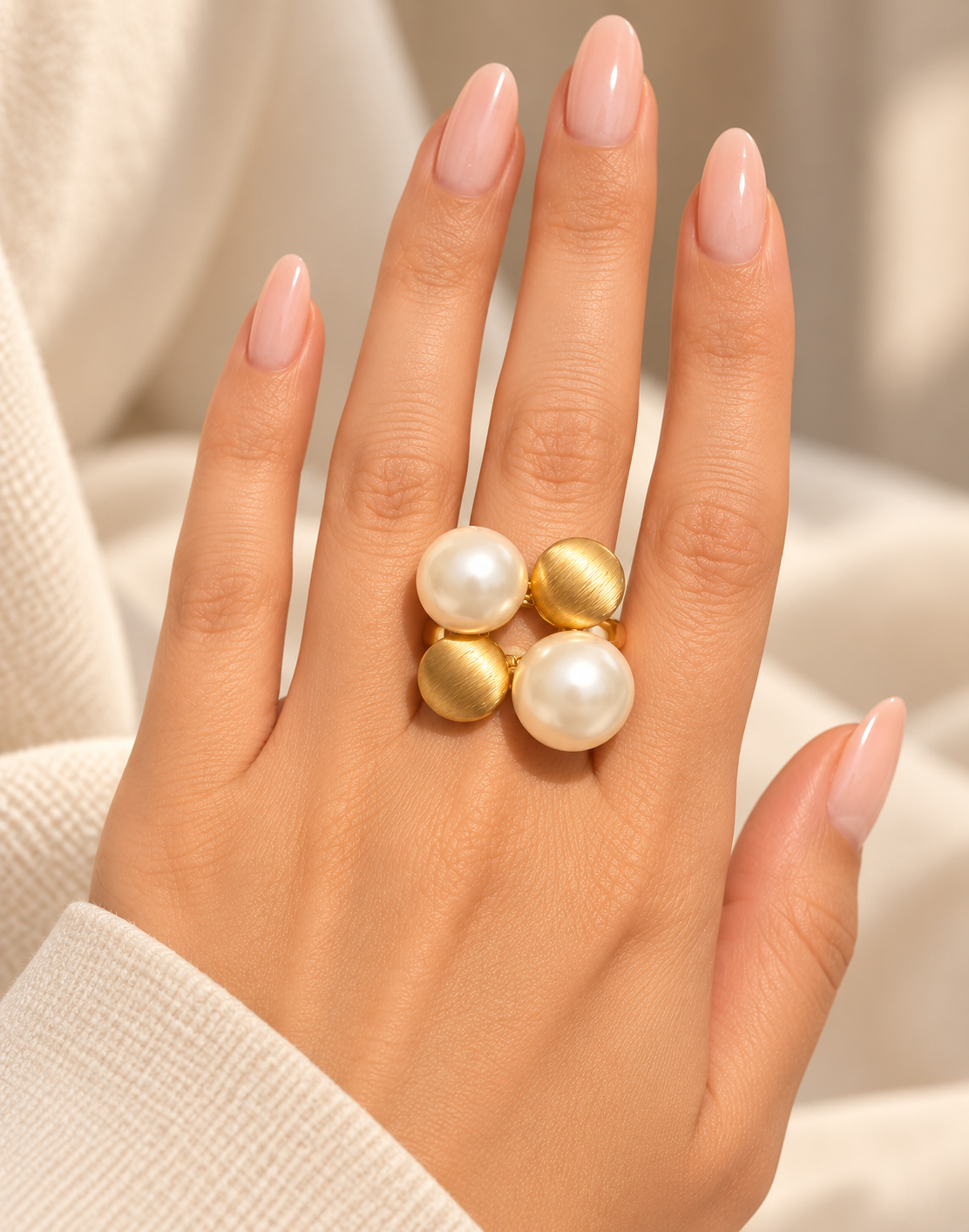 Play Pearl Gold Ring shown on hand with two pearls and two brushed gold discs
