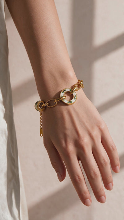Model wearing bloomy evil eye bracelet