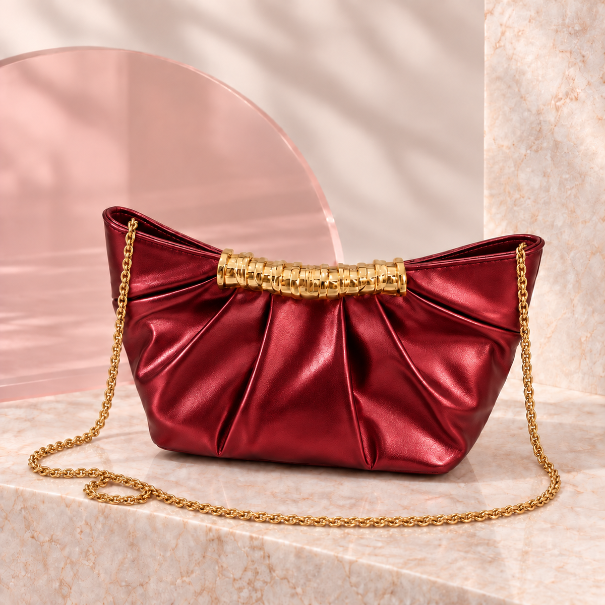 Lumi Metallic Pleated Bag in Red with long chain