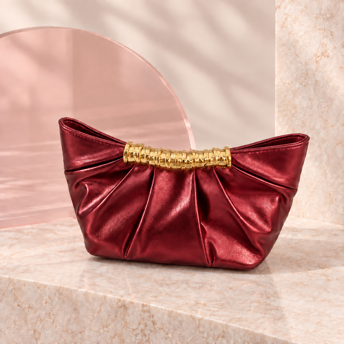 Lumi Metallic Pleated Bag in Red, product view without chain
