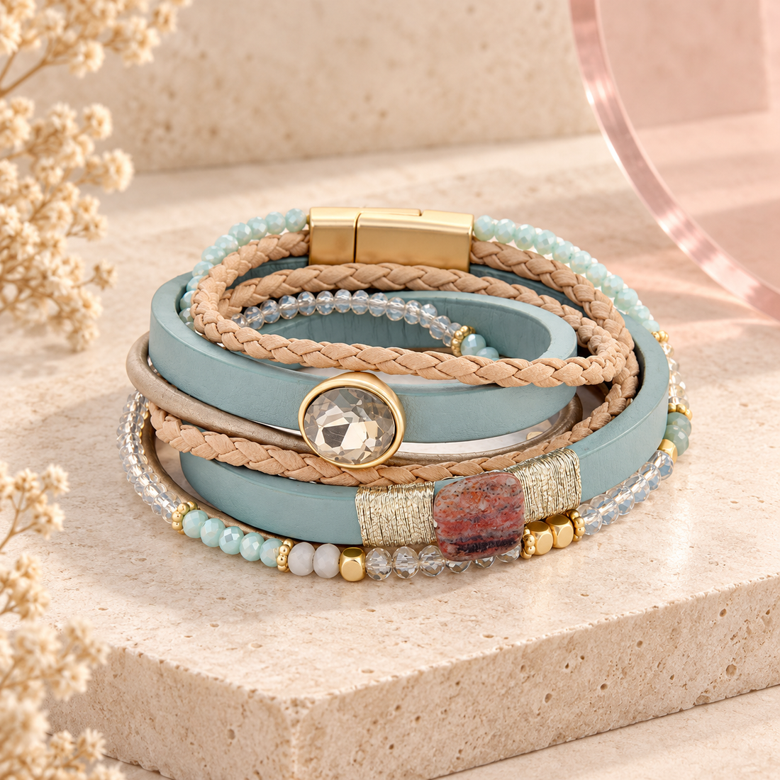 Sara double wrap leather gold bracelet in baby blue and camel with beads