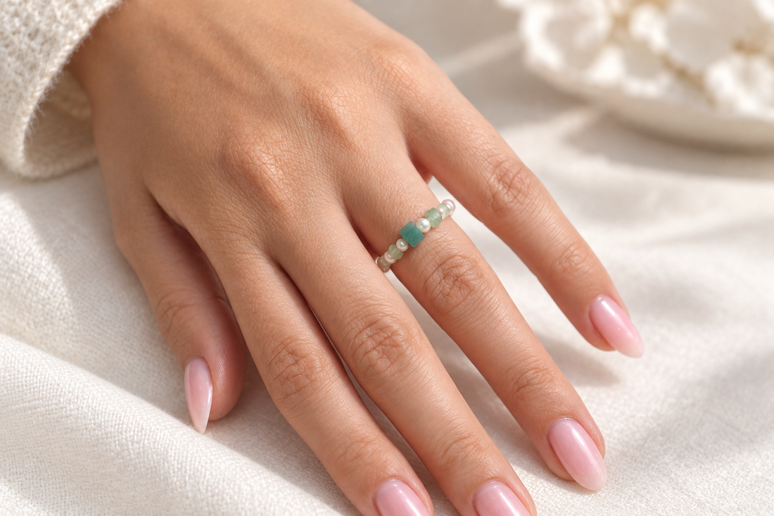 Seafoam Pearl Ring by Bloomy worn on an elegant hand