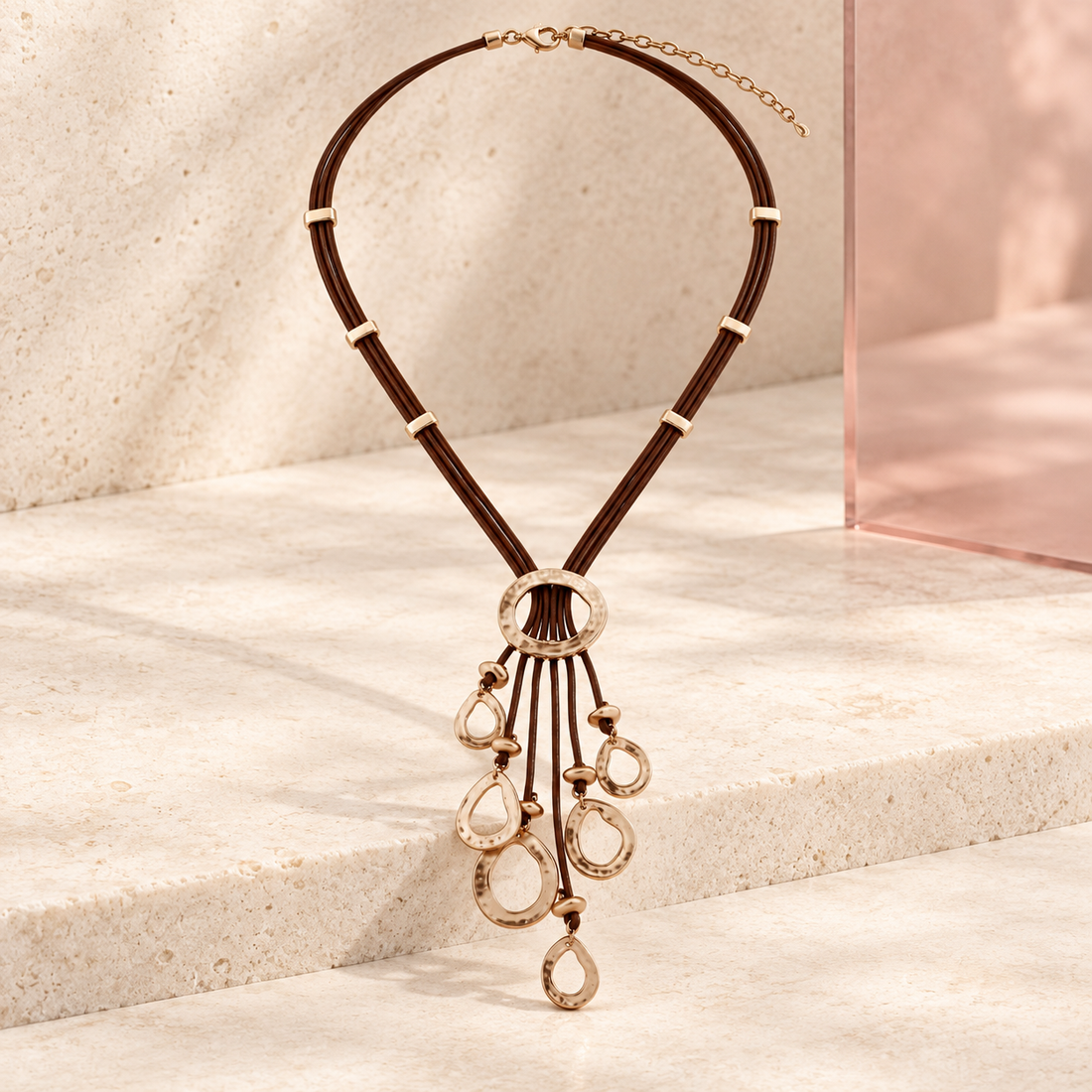 Sienna Cascade Leather Necklace on Bloomy ivory stone display