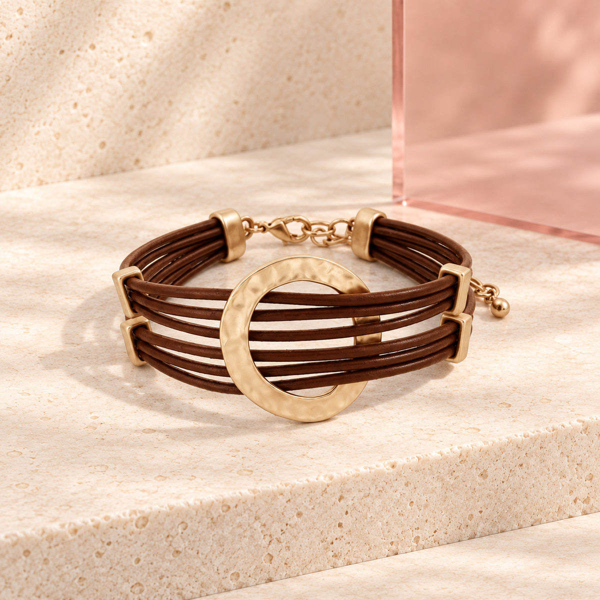Sienna Circle leather bracelet on the Bloomy ivory stone display