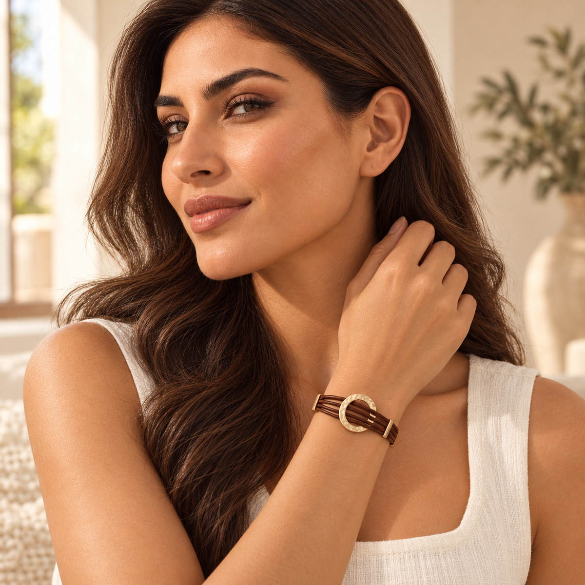 Bloomy model wearing the Sienna Circle leather bracelet