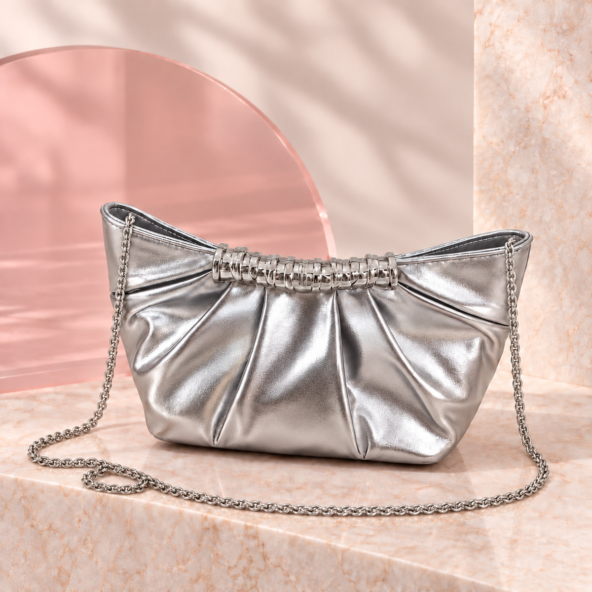 Lumi Metallic Pleated Bag in Silver with long chain