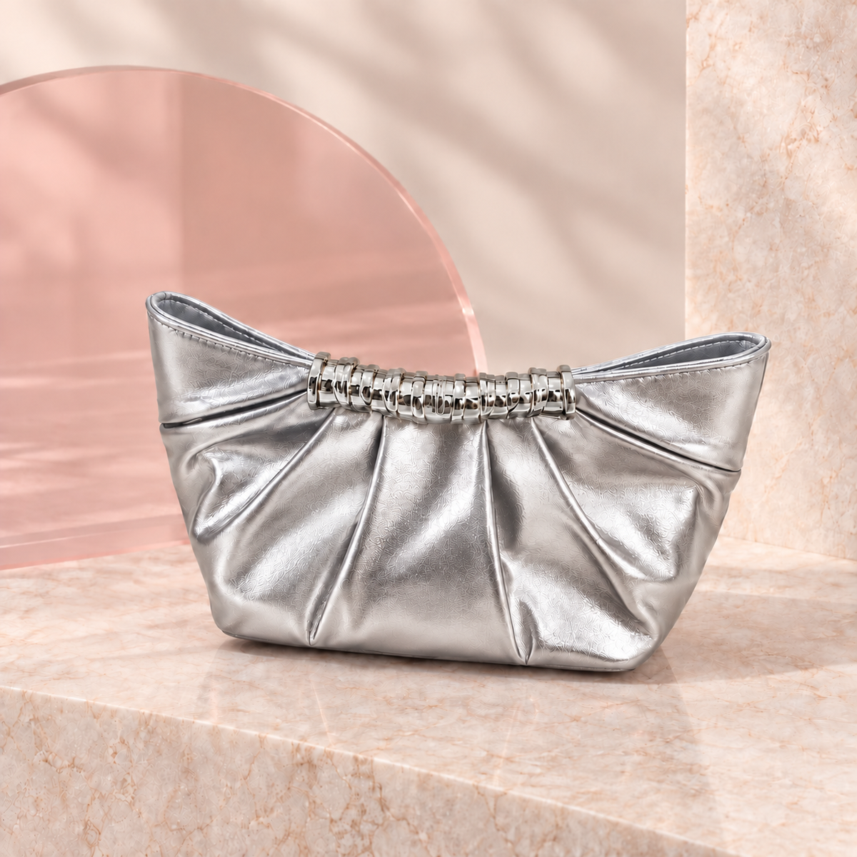 Lumi Metallic Pleated Bag in Silver, product view without chain