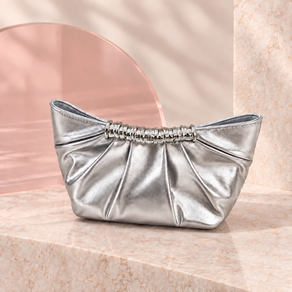 Lumi Metallic Pleated Bag in Silver, product view without chain