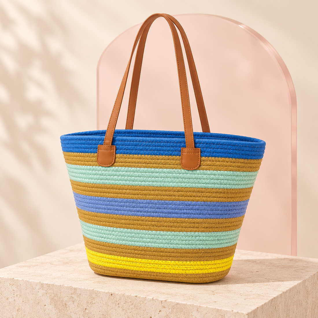 Solara striped woven tote in Coastal Blue, front view