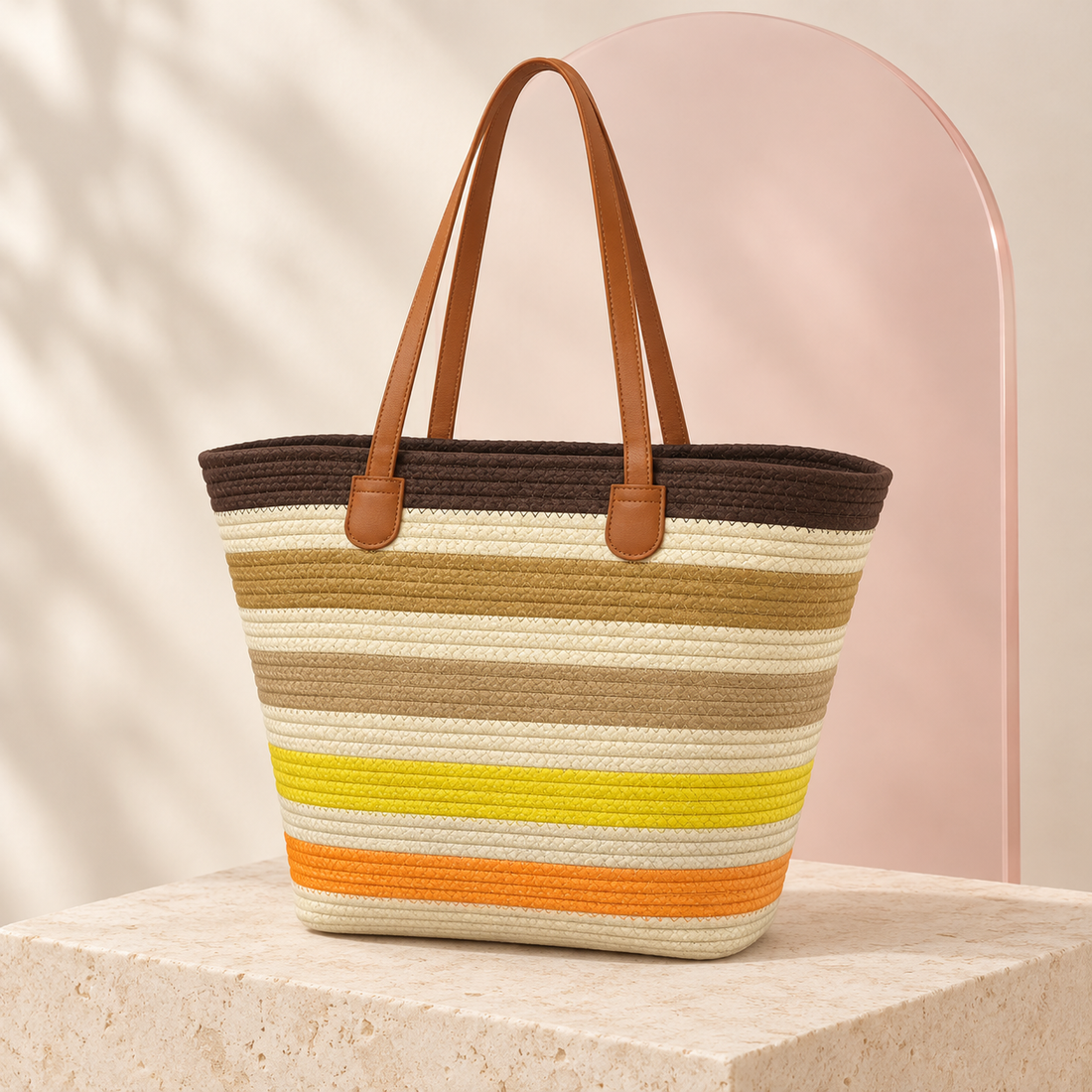 Solara striped woven tote in Sunlit Sand, front view