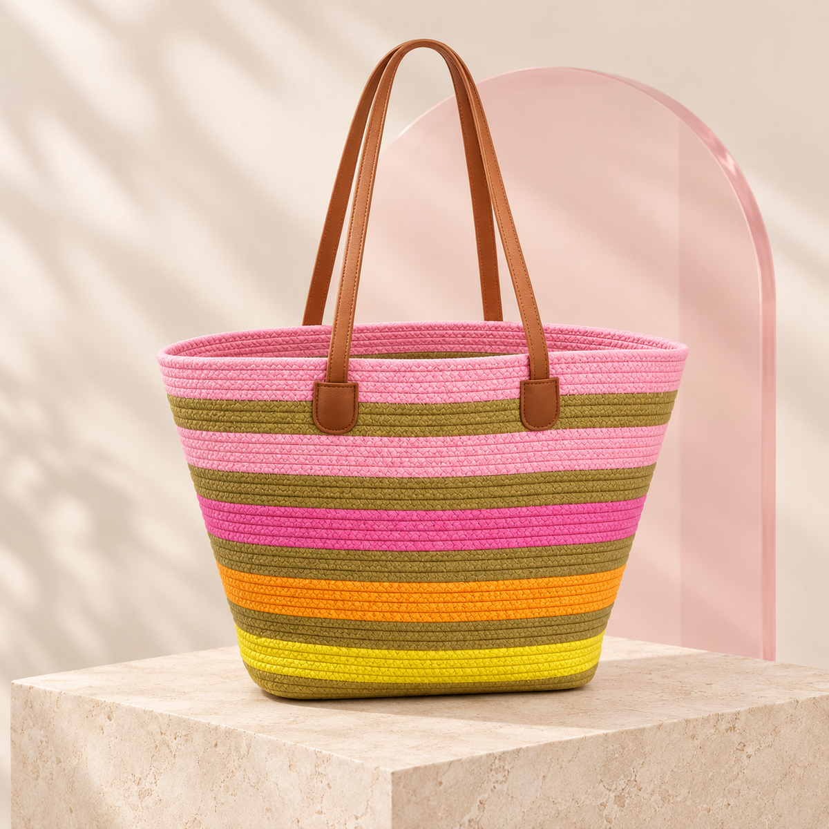 Solara striped woven tote in Sunset Pink, front view