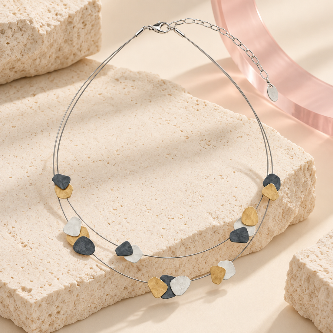 Solstice Tri-Tone Necklace in warm gold, charcoal grey and matte white