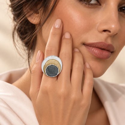 Close-up of Trinity Eclipse Statement Ring worn on a model