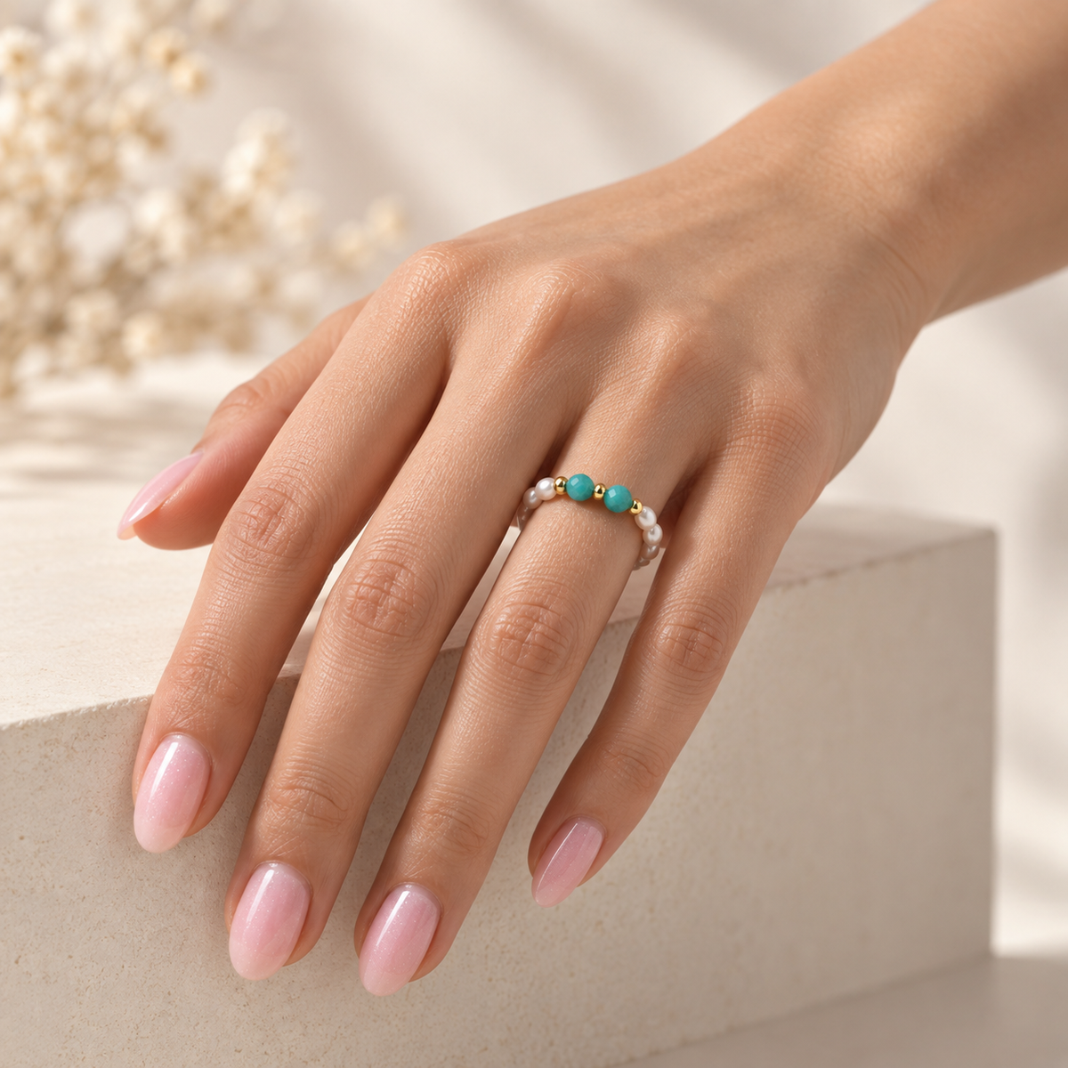 Turquoise Pearl Accent Ring design worn on hand