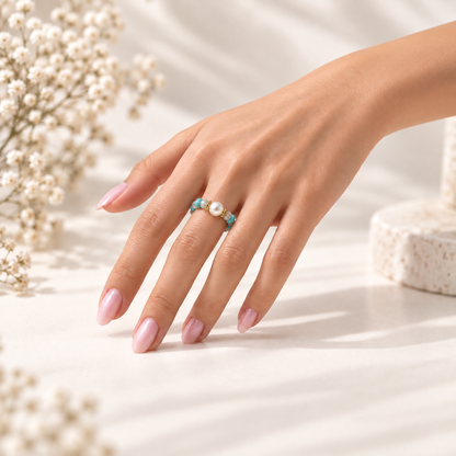 Turquoise Pearl Halo Ring design worn on hand